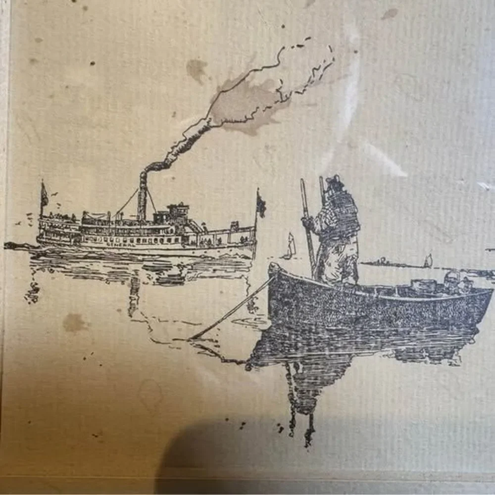 Pair of Vintage Nautical Ink Etchings in Wood Frames [Art 444]